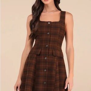 Autumn Approach Brown Plaid Sleeveless Button-Up Mini Dress